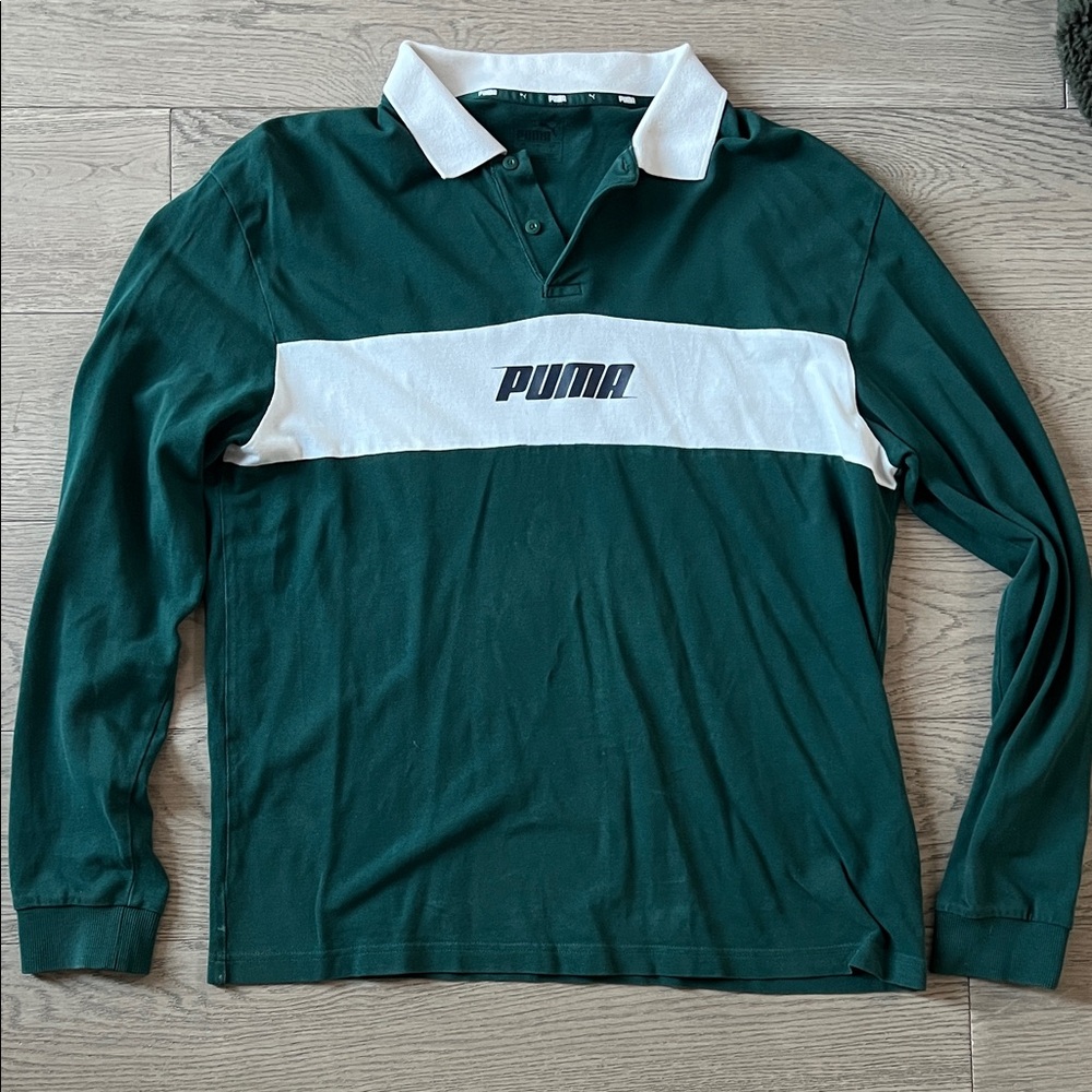 Puma Dark Green and White Long Sleeve Polo
